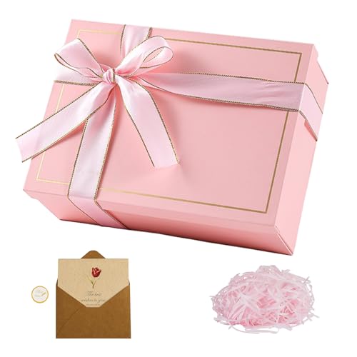 OSYLICT Gift Boxes with Lids,Wrap Box with Card, Ribbon, Raffia Shredded Paper. Gift Box for Presents,Christmas,Weddings, Birthdays,Bridesmaids (Pink)