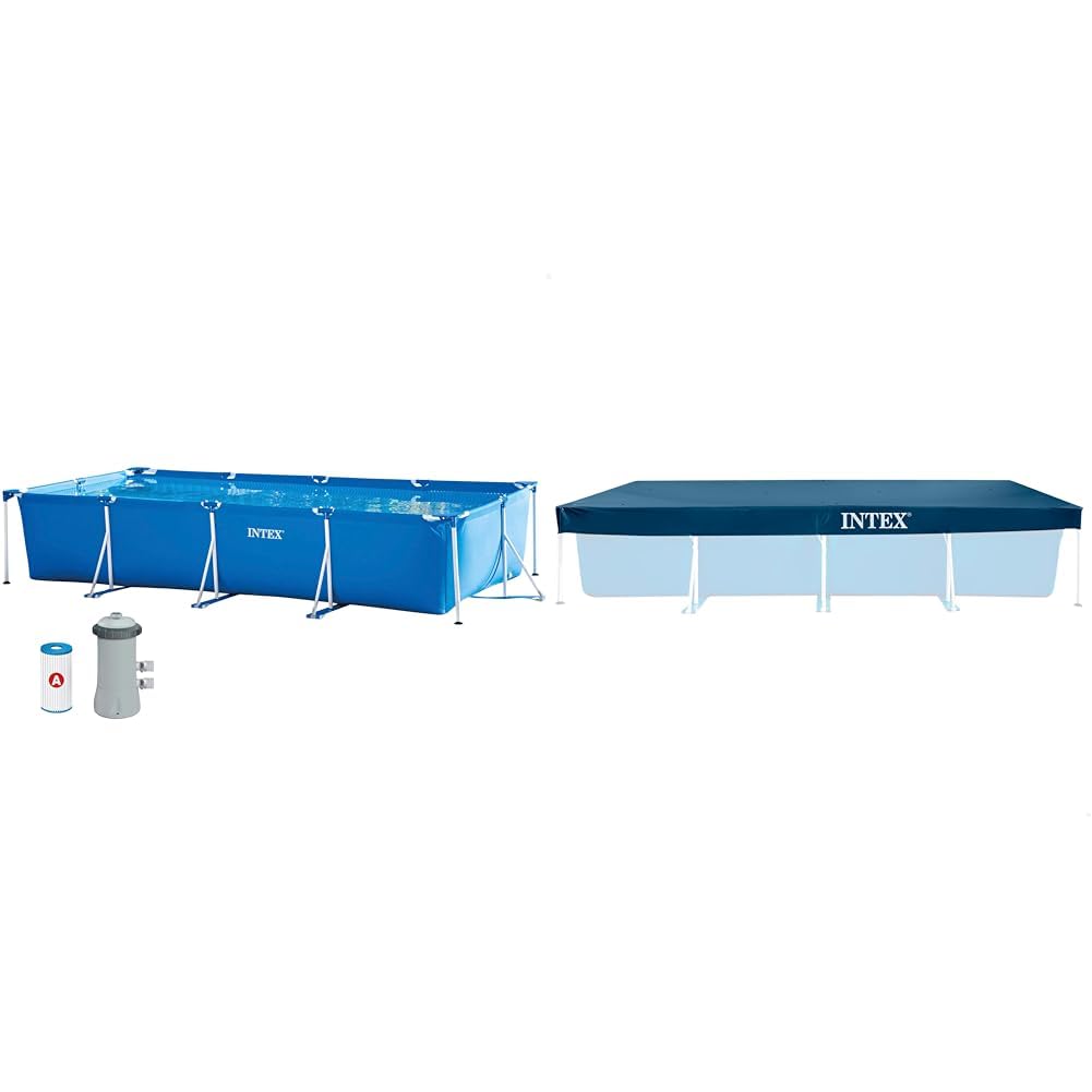 Intex 28274 Piscina Rettangolare 450 x 220 x 84 cm & 28039 Copripiscina Rettangolare, Blu, 460 x 230 cm