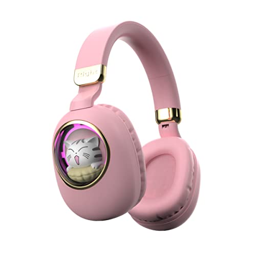 Girls Kids Headphones Wired - Pink Noise Cancelling Wireless Headphones for Kids for School - Over Ear Light Up Foldable Cat Bluetooth Gaming Headset with Microphone for iPad Kindle Tablet PC Travel