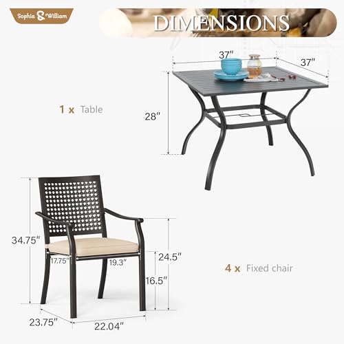 Image of Sophia & William Patio Table and Chairs Set, Outdoor Dining Set for 4, 5 Piece Metal Patio Furniture, 37 inch Black Square Table(Beehive)