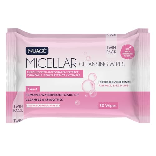 Nuage Micellar Facial Cleansing Wipes - with Aloe Vera, Chamomile & Vitamin E | Removes Waterproof Make-Up, Cleanses & Soothes - For Face, Neck, Eyes and Lips | 100% Biodegradable (2x 20 Wipes)