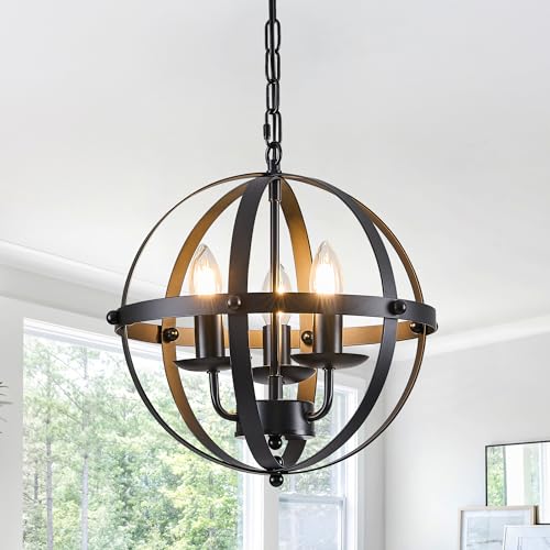 Ganeed Lampa wisząca Industrial Globe Oświetlenie wiszące Vintage Żyrandol Sferyczna Wisząca Oprawa Sufitowa Do Wyspy Kuchennej Stół Jadalniany Farmhouse E14 Black 3 Light
