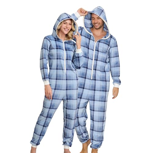 U2SKIIN Couple Fleece Onesie Pajamas, Matching Plaid Hooded Zipper Pjs Set Christmas Jumpsuit Warm Sleepwear for Women & Men
