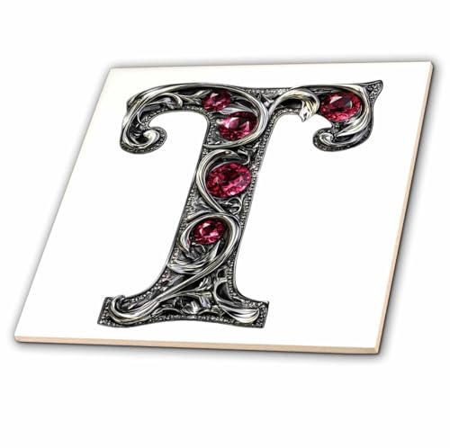 3dRose Pretty Image of Ruby Jeweled Monogram Letter T 4 Inch Ceramic Tile