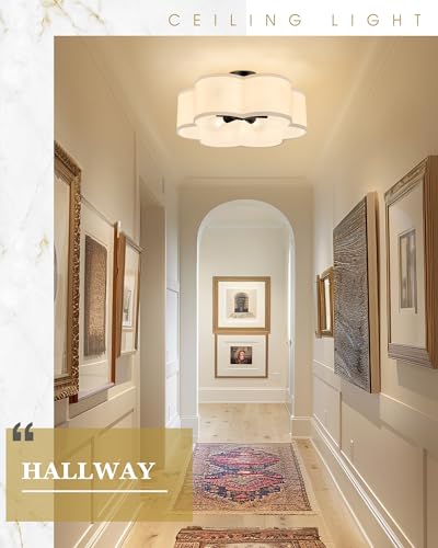 Image of Black Semi Flush Mount Ceiling Lights, 6-Light 18Inch Ceiling Light Fixtures with Fabric Drum Shade in Flower Shape for Nursery Bedroom Kitchen, AD-22007-6SF-BK
