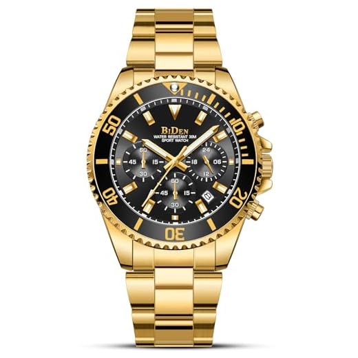 BIDEN Relojes Hombre Relojes Grandes de Pulsera Militares Cronografo Diseñador Luminosos Impermeable Reloj de Acero Inoxidable Dorado Analogicos Fecha