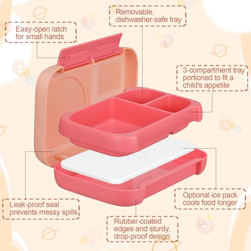 JXXM Bento Box for Kids,Kids Bento Lunch Box with Built-in Ice Pack for School,3 Compartments Leak Proof Lunch Container with Utensils for Girl Boy;BPA Free,Microwave & Dishwasher Safe, 44oz(Pink) — view 3