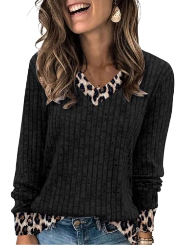 Image of Aokosor V Neck Jumpers for Women Long Sleeve Tops Ladies Lightweight Sweatshirt Tunic Shirt Leopard Pattern Size 14-16