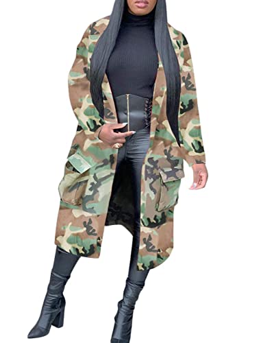 Vakkest Camo Blazer Jacket for Women Lapel Long Sleeve Open Front Cardigan Coat Classic Pockets Overcoat Outwear