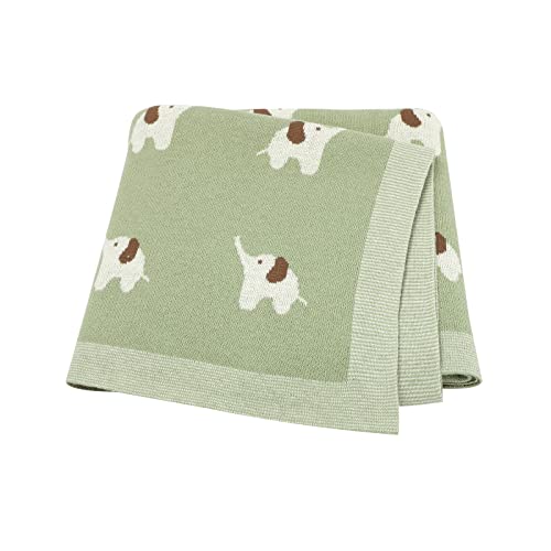 LAWKUL Baby Blankets for Newborn 100% Cotton Knitted Elephant Soft Blanket Airy for Boy Girl Green Pram/Mose Basket(90x70cm)