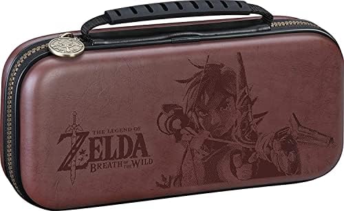 Bigben RDS Industries Nintendo Switch Deluxe Brown Zelda Link Travel Case, Hard Shell, Koskin Saddle Leather, 3 Compartments, 8 Game Storage, Nintendo Switch Compatible