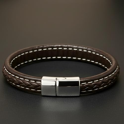 Image of THE MEN THING Leather Bracelet for Men - American Style Genuine Leather Multi-Layer Braided Bracelet with 100% Stainless Steel Magnetic Buckle for Men & Boys (8 inch)