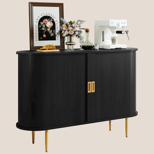 Image of ARTPOWER 48" Sideboard Buffet Cabinet, Mid Century Modern Console Cabinet, Fluted Storage Cabinet with Sliding Door, Accent Coffee Bar for Kitchen, Living Room, Entryway, Black