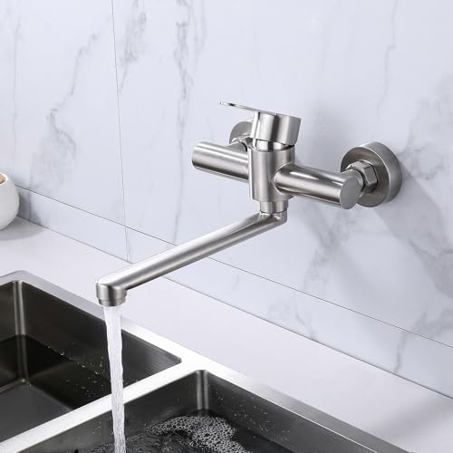Miniatura 2 de Homelava Grifo De Cocina De Pared, Grifo Giratorio De Acero Inoxidable 304, Cepillado, Caño Giratorio 230 Mm
