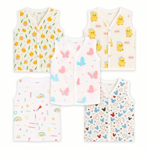 Image of Kidbea Muslin Cotton Baby Jabla for Boys & Girls | Cute Printed Soft V-Neck, Sleeveless Baby Jhabla Vest for Newborns & Infants