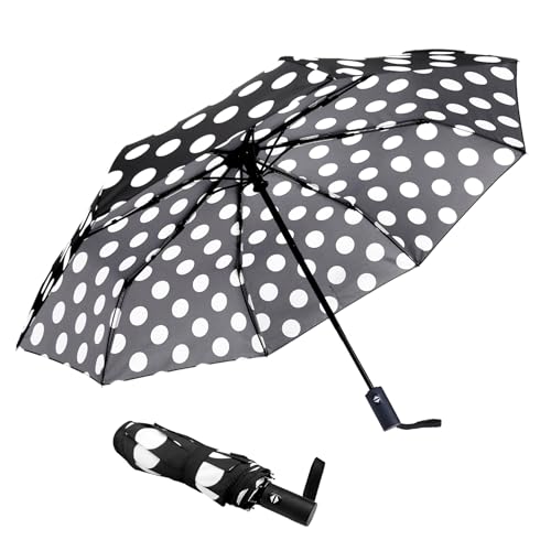 NPCQUN Travel Essentials Umbrella Windproof Compact Collapsible Light, Automatic, Strong and Portable, Wind Resistant, Folding Small Umbrella for Rain Black Polka Dots