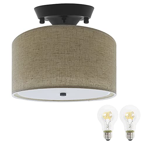 Facon 11'' RV Pendant Dining Table Light with Switch and 2 Replaceable LED Bulbs, 12V Decorative Fabric Dinette Light, Brown Burlap Shape, 12Volts Interior Light for RV Motorhome Camper Trailer