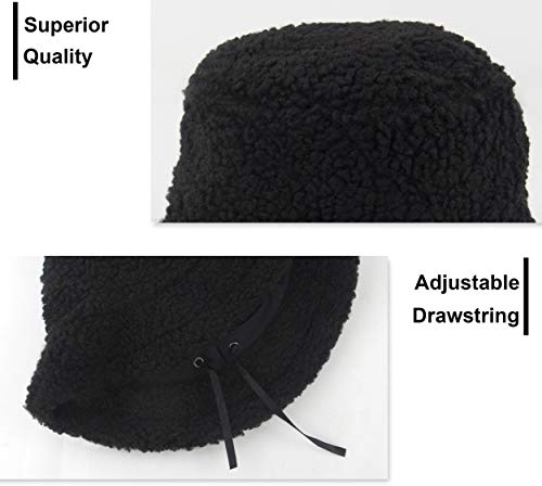 Womens Winter Bucket Hat Vintage Cloche Hats Warm Faux Fur Wool Outdoor Packable Fisherman Cap Black #TOP5