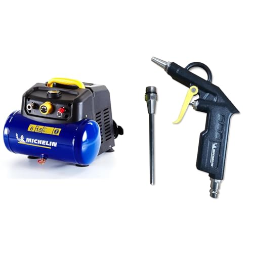 MICHELIN - Compresor de Aire CA- ‎1129981037-1.5 HP - 8 Bar - 6L Capacidad - Silencioso - Portátil & Pistola de aire de caño corto + caño largo 10 cm - Consumo de aire: 150 l/min, Presión