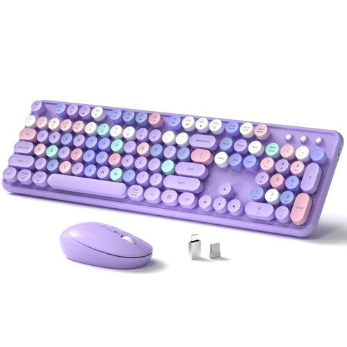 Links9+ Wireless Keyboard and Mouse, Full-Size Retro Typewriter Keyboard with Round Keycaps, 2.4GHz for Windows, Mac, Laptop, PC, Desktop (Purple Colorful)