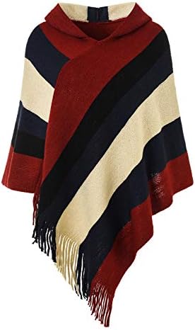 Ferand Women's Lightweight Striped Poncho Sweater Casual Summer Travel Shawl Wrap, Upgraded Hooded Style: Burgundy & Beige, One Size(Best fits S - L)