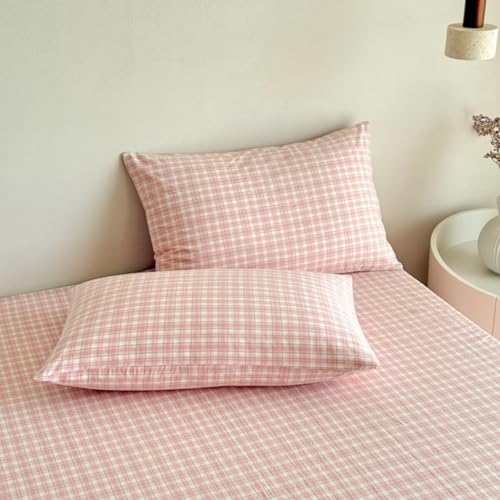 Image of PinkMemory Pink Gingham Plaid Duvet Cover Set King 100% Washed Cotton Cute Pink Checked Bedding Duvet Cover Set for Girls with Pillowcases-Ultra Soft Breathable Zipper Closure Corner Ties