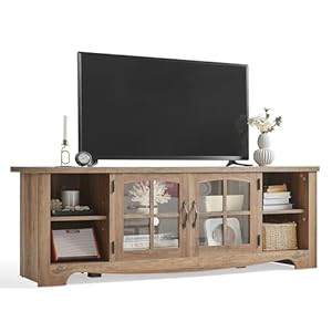 LINSY HOME TV Stand for 75 Inch TV, Modern Farmhouse Entertainment Center with Storage Cabinets and Glass Doors, Tall Media Console Table for Living Room, Bedroom, Large Long Television Stand, Brown