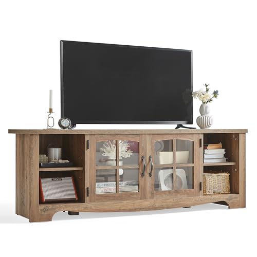 LINSY HOME TV Stand for 75 Inch TV, Modern Farmhouse Entertainment Center with Storage Cabinets and Glass Doors, Tall Media Console Table for Living Room, Bedroom, Large Long Television Stand, Brown
