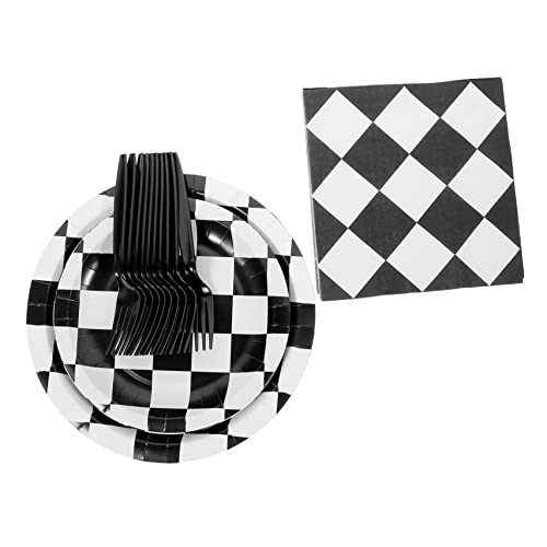 HONMEET 4 Conjuntos De Talheres Grade Preto E Branco Conjunto De Bandeja De Papel Copo De Papel