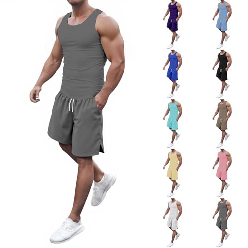 Conjunto de chándal para hombre, camiseta de tirantes + pantalones cortos, traje deportivo holgado, 2 piezas, ropa de verano de dos piezas, ropa de verano cómoda, transpirable, traje de
