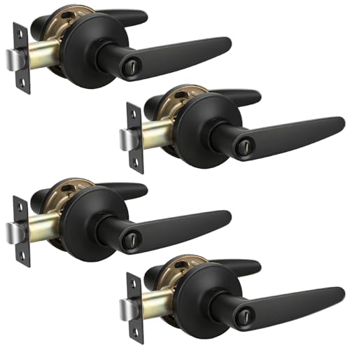 KNOBWELL 4 Pack Matte Black Door Handles with Lock, Privacy Door Levers keyless, Heavy Duty Door Locks for Bedroom and Bathroom, Zinc Alloy Door Knobs Door Lever Set