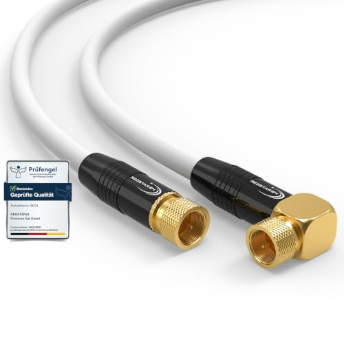 Kabel antenowy SAT, kabel satelitarny, cyfrowy, HDTV 135 dB, 2 x wtyczka F, 1 x 90°, pozłacany kabel koncentryczny klasy A+ Ultra HD 4K 3D UHD, współosiowy, do routera, modemu kablowego (12,5 m, biały
