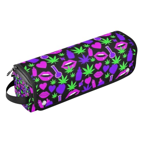 Bolsa organizadora para herramientas de cabello con tapete resistente al calor, impermeable con diseño de hojas y labios neón verde. miniatura 1