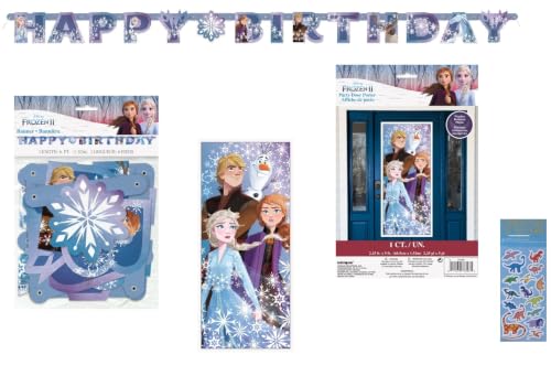 Disney Frozen Birthday Party Supplies Bundle includes 1 Happy Birthday Banner, 1 Plastic Door Poster