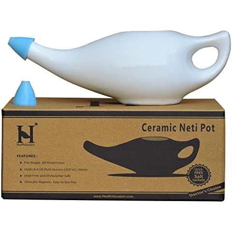 Ceramic Neti Pot Premium Handcrafted, Nose Cleaner for Sinus Dishwasher Safe with 2 Silicone Nozzle Tip, 225 Ml Capacity - White Color Cover