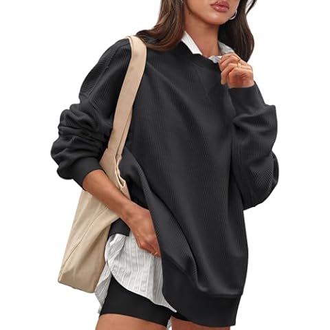 Hragc Oversized Crewneck Sweatshirt for Women Ribbed Corduroy Long Sleeve Casual Going Out Shirt Black Grey X-Large Loose Fit Fall Pullover Top Cover