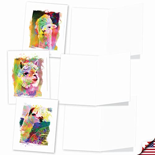 The Best Card Company Assorted Animal Watercolor Blank Greeting Card Box Set - Incl. 10 Unique Notecards Designs + Envelopes for Thank You, Invitations - Funky Rainbow Llamas AM6862OCB-B1x10