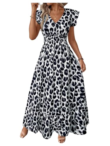 OYOANGLE Womens Leopard Print Ruffle Cap Sleeve A Line Maxi Dress V Neck Cinched Waist Cheetah Dresses Black and White Large