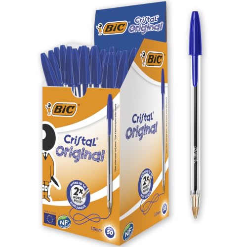 Image of BIC Cristal Original Smudge Free Ballpoint Pens, Ideal for School, Blue Ink, Medium Point (1.0mm), Pack of 50