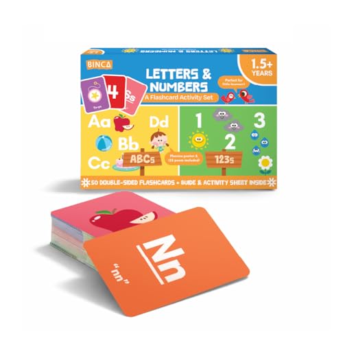 Image of Binca Flash Cards for Toddlers - Letters & Numbers, 50 Thick Double-Sided Premium Cards with Phonics & Counting, Learning Tool for Preschoolers, Early Learning Toy, Gifts for Kids Ages 1, 2, 3 Years