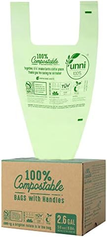 UNNI Compostable Bags with Handles, 2.6 Gallon, 9.84 Liter, 50 Count, 0.68 Mil, Samll Kitchen Food Scrap Waste Bags, T-Shirt Bags, ASTM D6400, US BPI & Europe OK Compost Home Certified, San Francisco