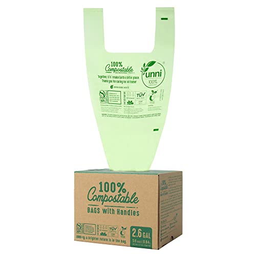 Unni Compostable Bags With Handles, 2.6 Gallon, 9.84 Liter, 50 Count, 0.68 Mil, Samll Kitchen Food Scrap Waste Bags, T-Shirt Bags, Astm D6400, Us Bpi & Europe Ok Compost Home Certified, San Francisco #TOP15