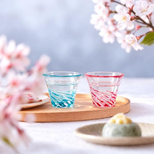 Japanese Handcrafted Sake Cups – Exquisite Artisan Glassware for Cold Sake & Shochu, Elegant Drinkware for Any Occasion, Made in Japan (Cherry Blossom & Camellia, Sake Glass (2 fl oz))