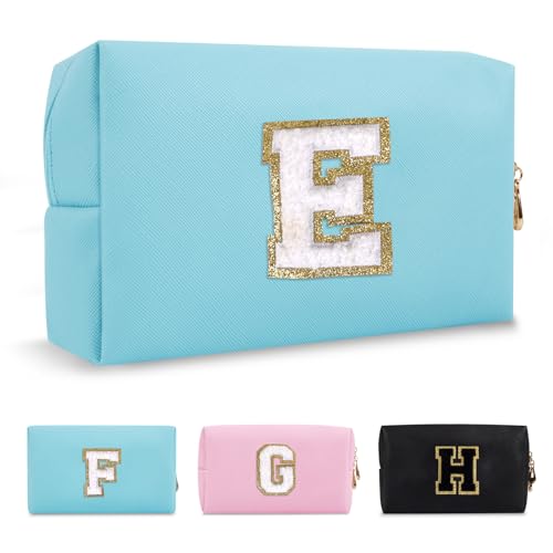 Small Personalized Initial A-Z Preppy Patch Makeup Bag,PU Chenille Letter Travel Cosmetic Pouch with Zipper,Blue Cute Toiletry Bag,Gift Ideal for Teen Girls Women Teacher Bridesmaid,Letter E