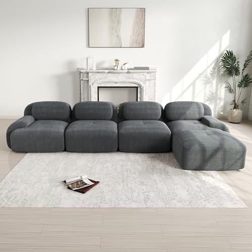 Rvjiahe Sofá esquinero de 4 plazas con acolchado 32D de alta elasticidad, antideslizante, con chaise longue, reposabrazos extraanchos combinables, sin montaje para oficina, salón y cine en casa (gris+