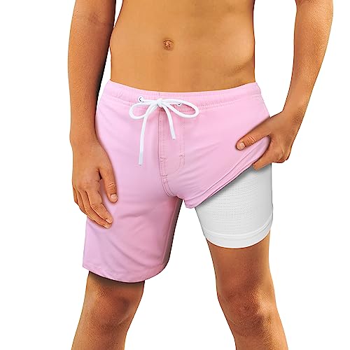 Qranss Boys Swim Trunks Size 7-8 Solid Pink 6" Inseam Knee Length Swim Shorts For Boys With Compression Liner Upf 50+ Quick Dry #TOP13