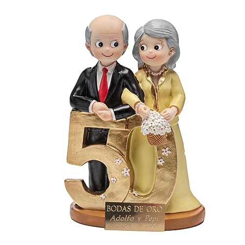 Figura 50 aniversario PERSONALIZADA con placa grabada con nombre y fecha. Figura decorativa bodas de oro, figura para tarta.