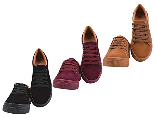 Kit 3 Pares Tenis Camurça Feminino Sapatenis Nobuck Casual Eleganteria Tamanho:38;Cor:Marrom, Vermel