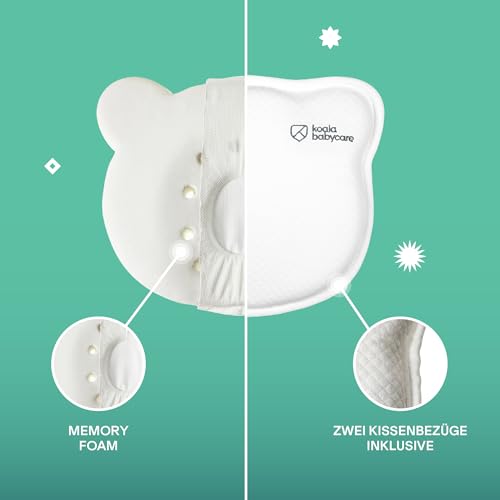 KOALA BABYCARE Babykissen Plagiozephalie, abnehmbar (mit Zwei Kissenbezügen), hilft EIN Plattkopfsyndrom vorzubeugen und zu behandeln. Aus Memory Foam - Weiß
