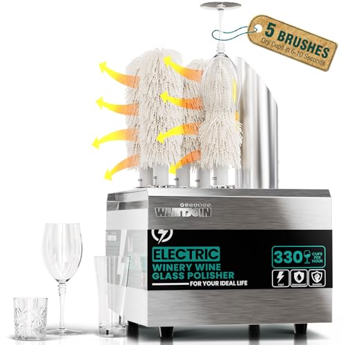 WantJoin Wine Glass Polisher Machine - 5 Brushes 330 Cups/Hour Commercial Electric Automatic Dryer with 304 Stainless Steel, 100% Cotton, 1300W High Power, 136°F Air Drying for Bar Restaurant Kitchen